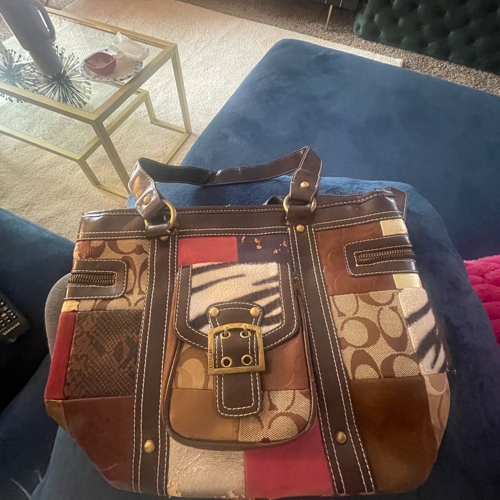 Vintage Coach Brown and Tan Patchwork Tote with Leather Accents